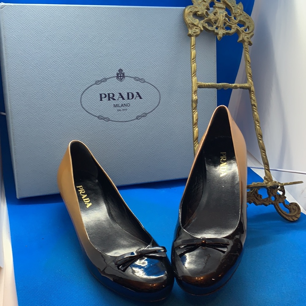👠 🔥 PRADA Unique ombré Mustard‎ black yellowish brown bow tie Shoes Size 36.5
